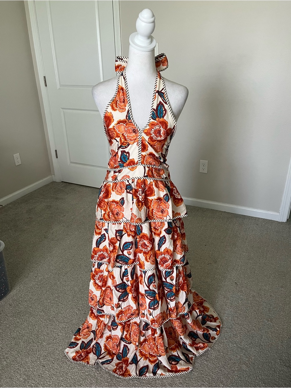 entro Orange Floral Halter Midi Dress with Teal Accents